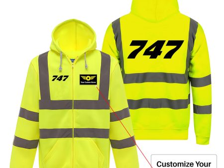 747 Flat Text Designed Reflective Zipped Hoodies For Discount