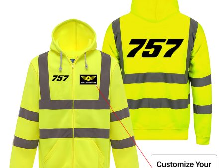 757 Flat Text Designed Reflective Zipped Hoodies Fashion